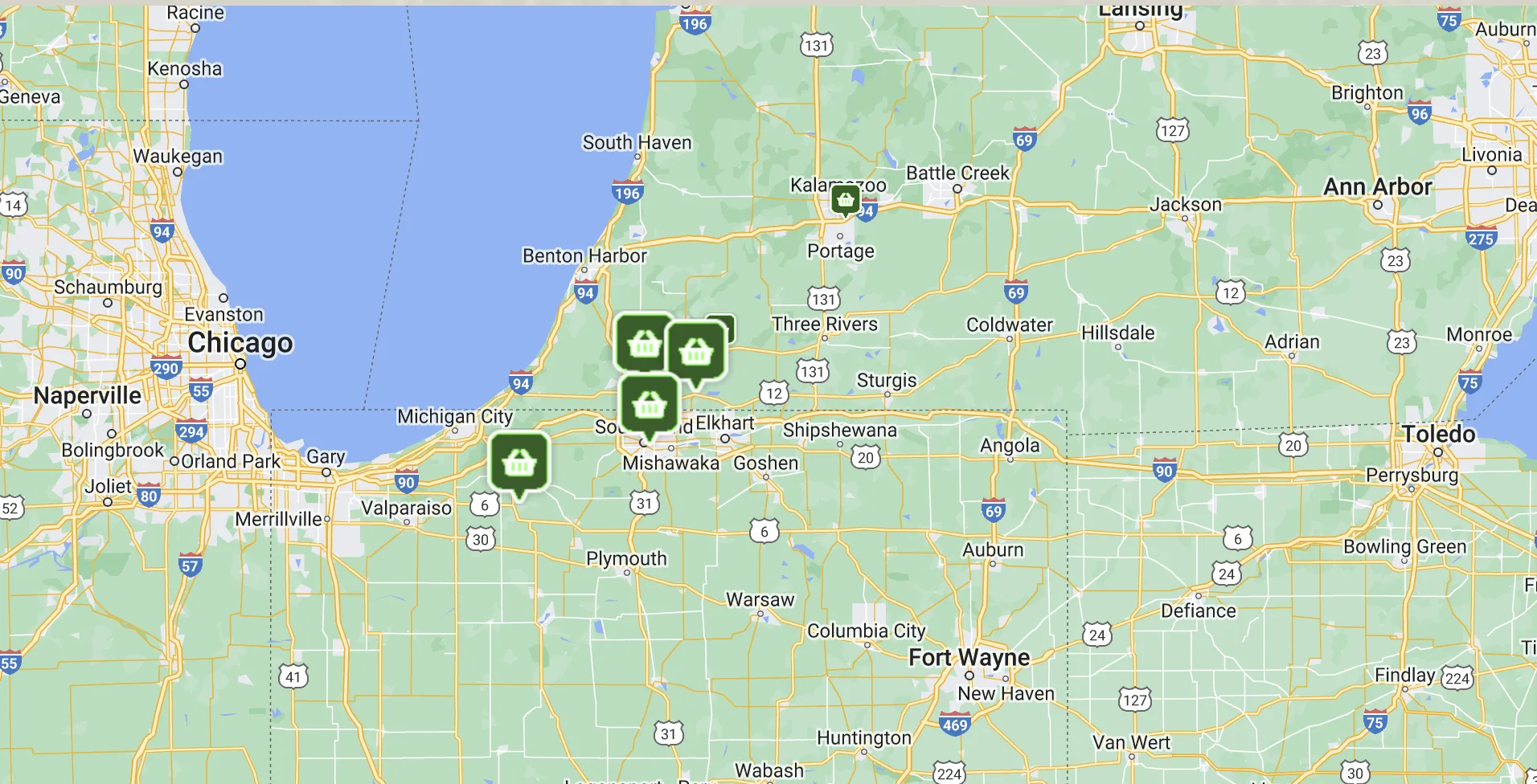 Google Map displaying locations where Dirty Bil's Pure Worm Castings are sold, marked with green pins featuring shopping baskets.