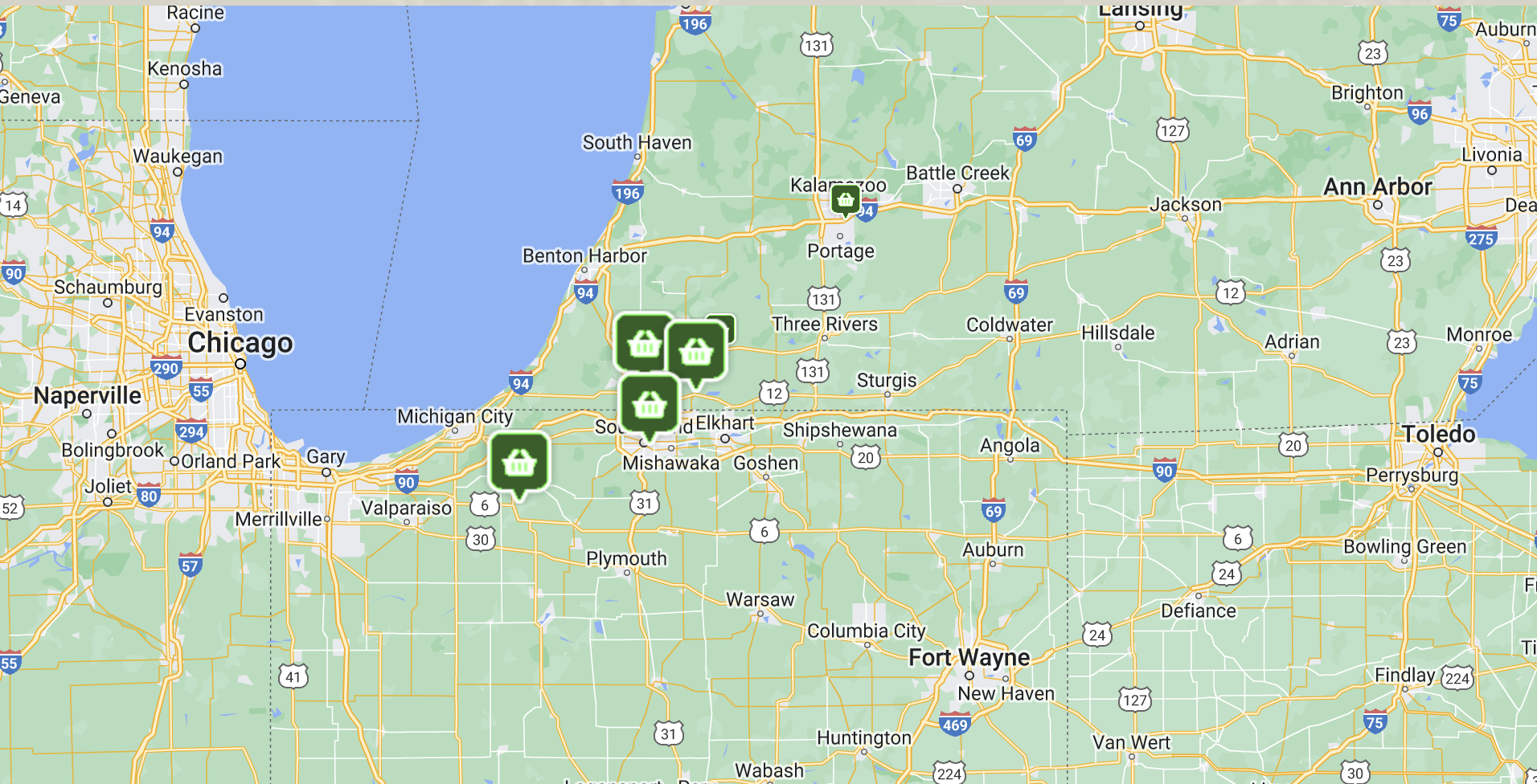 Google Map displaying locations where Dirty Bil's Pure Worm Castings are sold, marked with green pins featuring shopping baskets.
